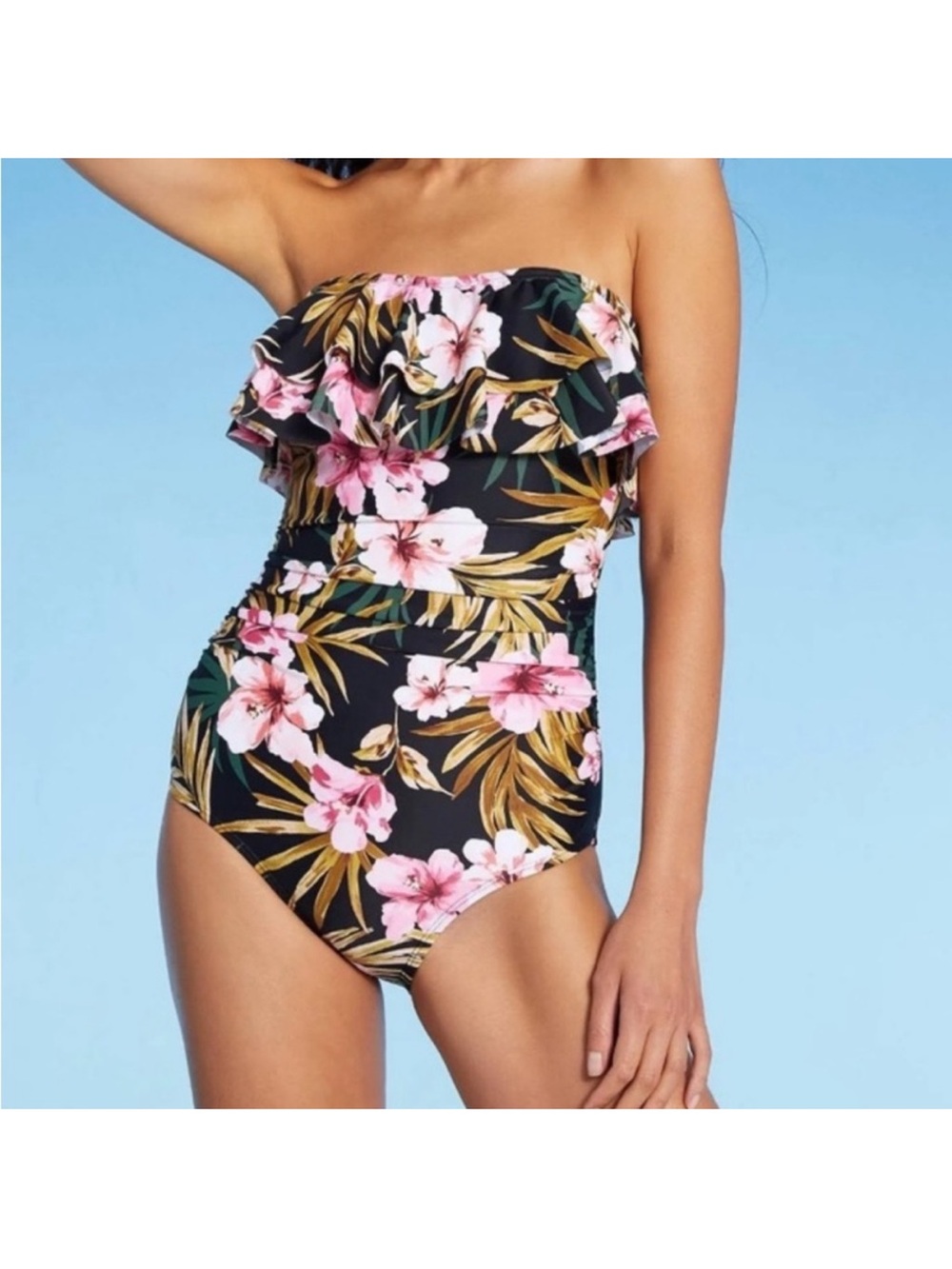 Kona Sol Black Ruffled Too Strapless Tropical Print One Piece Swimsuit Size 18W